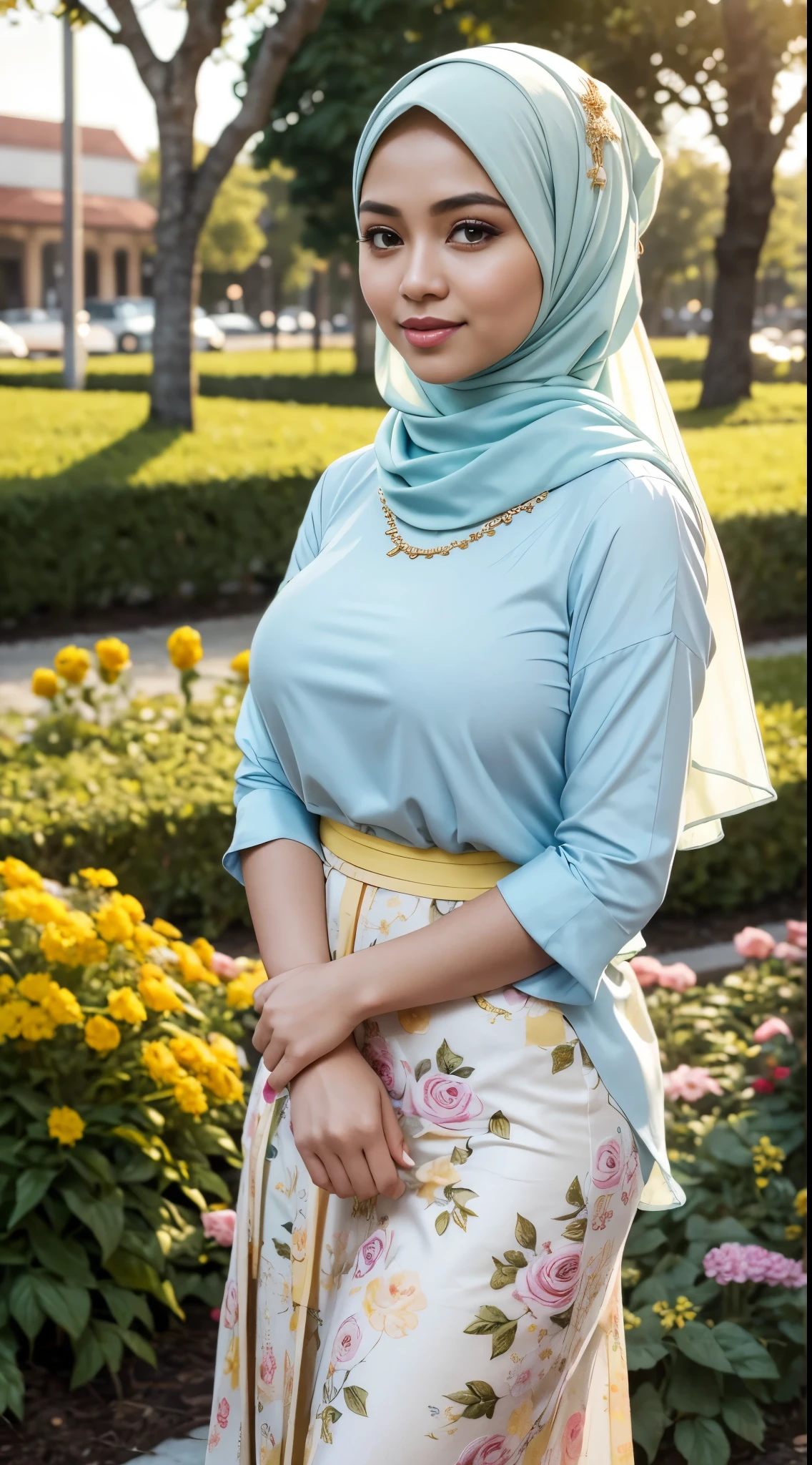 RAW, Best quality, high resolution, masterpiece: 1.3), Beautiful Malay woman in hijab, Masterpiece, perfect fit body, ((Big breasts)), beautiful big eyes, Soft smile,Muslim Woman in light blue floral pleated skirt and yellow blouse standing in the flower garden, feminine in cute pastel colors, wearing an elegant outfit, feminine in pastel shades, yellow and light blue outfit, white hijab, cream colored Blouse, inspired from Ni Yuanlu, Malay, wearing blouse, hijab, beautiful image, she smiles, smooth turtleneck, necklace , hairband, evening walk, City park, Great lighting, Bright colors, Clean lines