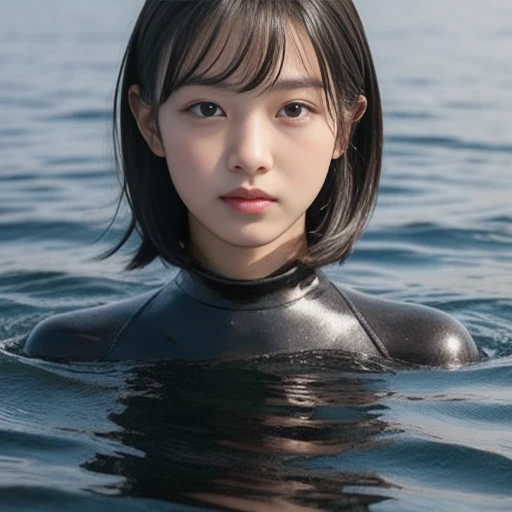 (((Top image quality、1人の女性)))、(Beautuful Women、Beautie、kawaii、infp young woman、ren、japanes、The face is orderly、a small face)、((Wearing a wetsuit))、long-sleeve、high-necked、Mare、swim、Floating on water、wetting hair、sodden