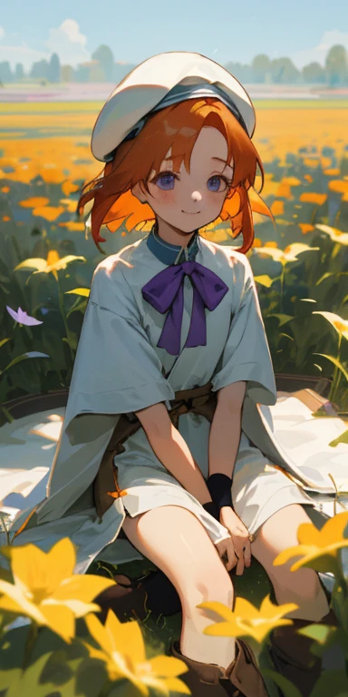 1girl in,beautful view,(masterpiece、top-quality)、Field of green plants and flowers,short head hair,Orange hair,Blue wristband,Purple ribbon,Black Socks,Brown boots,shortsleeves,sitting on,happiness,Warm lighting、robe blanche、White beret,butterflys