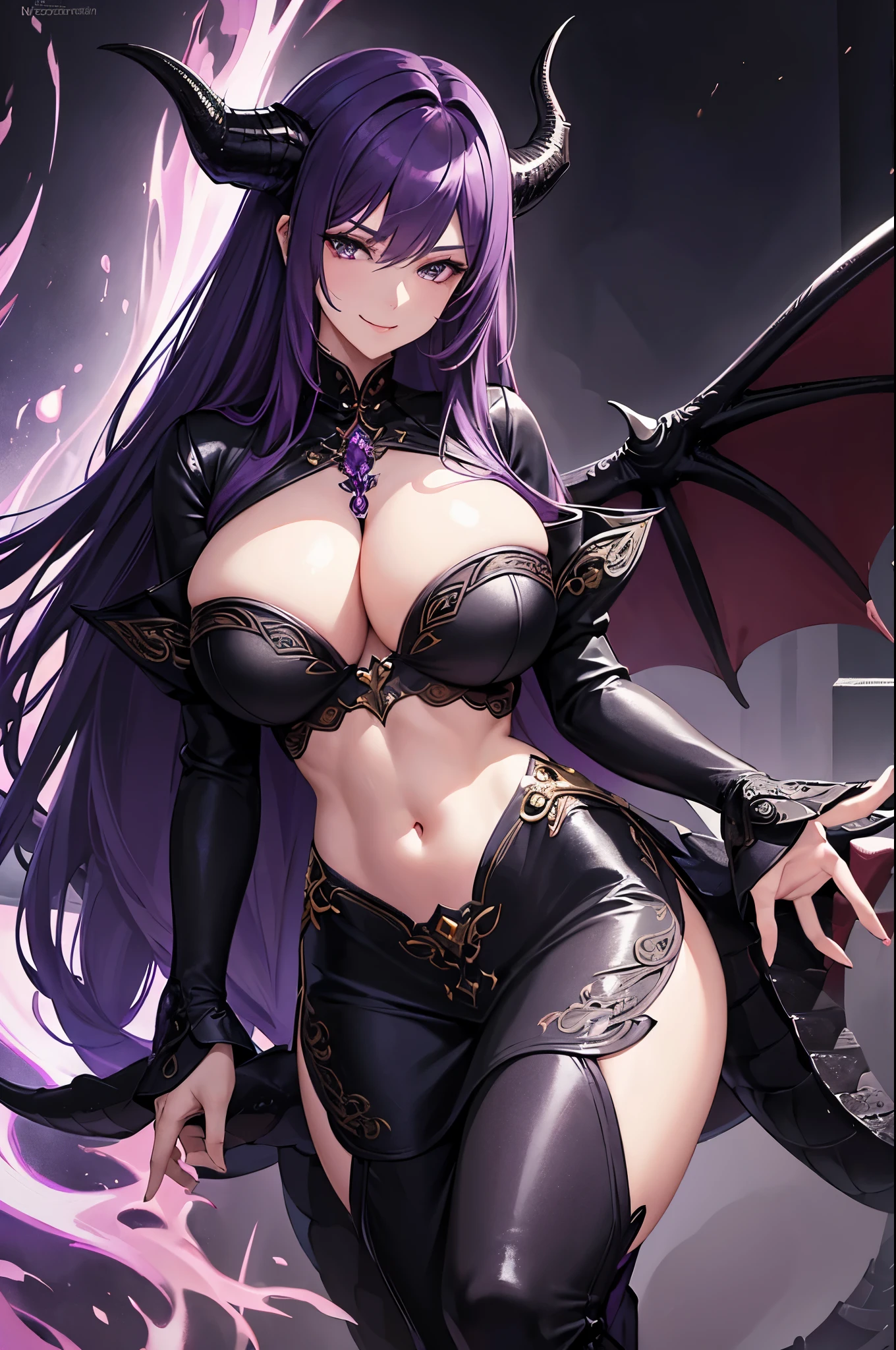 master piece, highly detailed, ultra-detailed, alone, (1Woman), mature, tall, milf, long hair, purple hair, girl, Dragon Woman, black dragon, black dragon horns, dragon wings, black scales, gorgeous, Charming, black eyes, elegant, large chest (huge), perky breasts, friendly smile, charming, flame