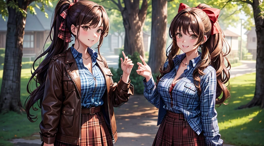 2girls, full body, solo, village, trees, brown hair, long hair, curly hair, ponytail, large breasts, button down shirt, ((blue checked shirt)), ((unbuttoned shirt)), brown eyes, ((opened brown zipper jacket)), leather jacket, red and black skirt, grin, looking at the viewer, standng, hair ribbon