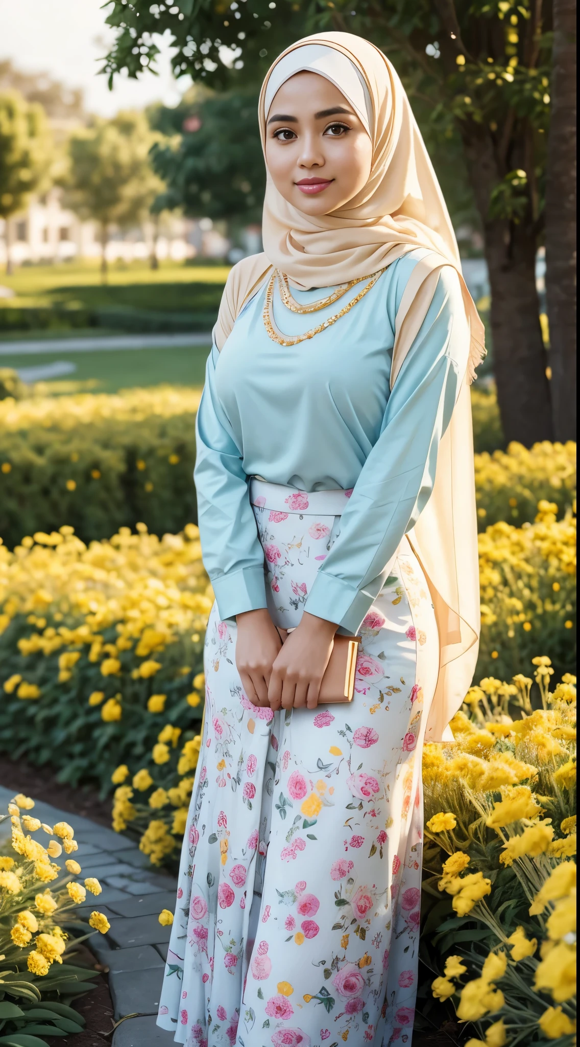 RAW, Best quality, high resolution, masterpiece: 1.3), Beautiful Malay woman in hijab, Masterpiece, perfect fit body, ((Big breasts)), beautiful big eyes, Soft smile,Muslim Woman in light blue floral pleated skirt and yellow blouse standing in the flower garden, feminine in cute pastel colors, wearing an elegant outfit, feminine in pastel shades, yellow and light blue outfit, white hijab, cream colored Blouse, inspired from Ni Yuanlu, Malay, wearing blouse, hijab, beautiful image, she smiles, smooth turtleneck, necklace , hairband, evening walk, City park, Great lighting, Bright colors, Clean lines