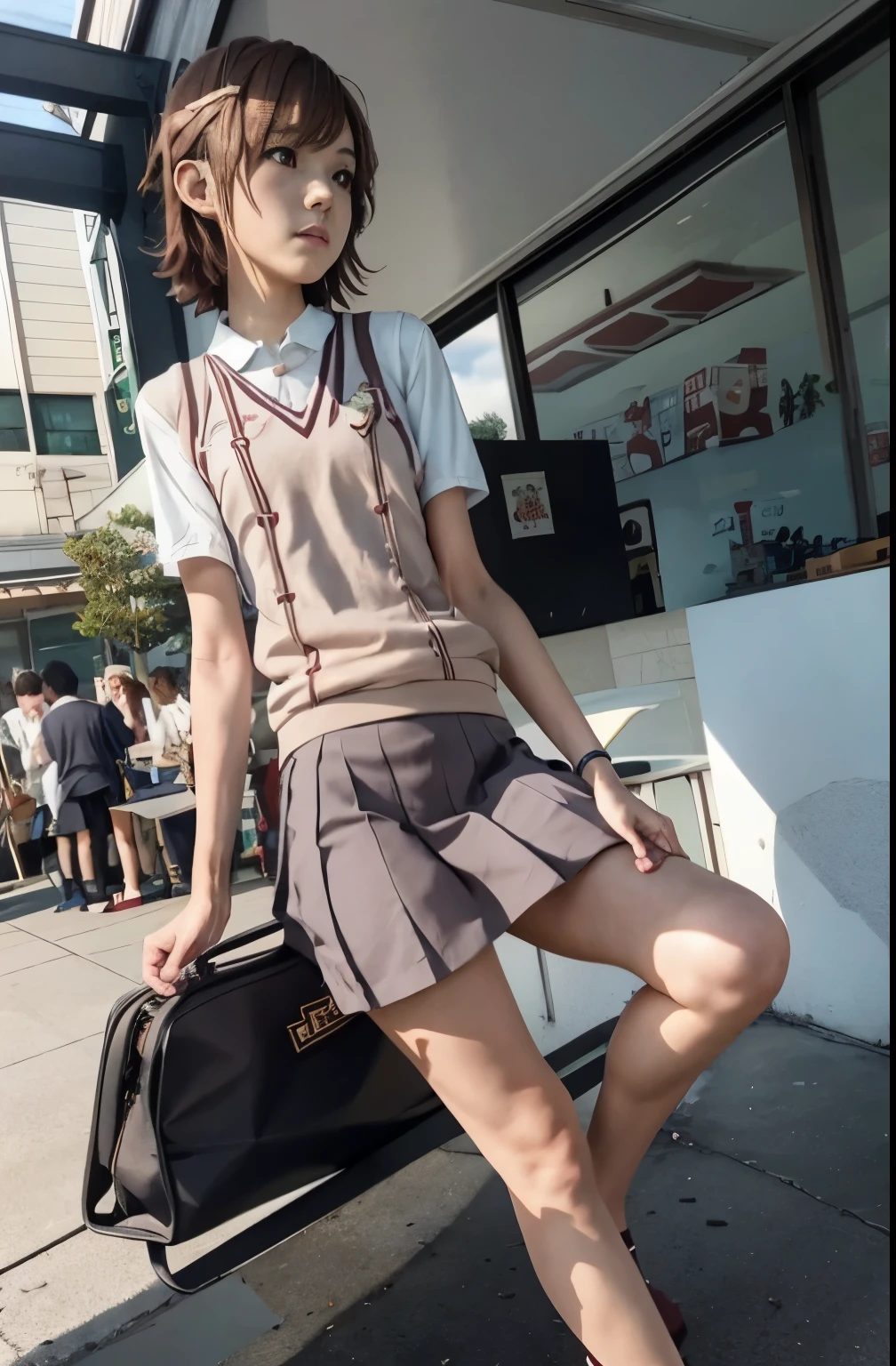 anime girl in school uniform standing on a bench in front of a store, makoto shinkai. digital render, kantai collection style, railgun, makoto shinkai style, makoto shinkai art style, anime visual of a cute girl, young anime girl, beautiful anime high school girl, anime moe artstyle, makoto shinkai and artgerm，Misaka Mikoto，with short golden hair，Short hair，JK school uniform