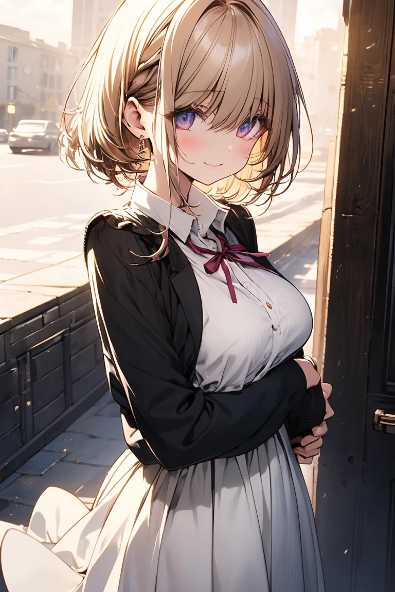 masterpiece, absurdres, best quality, ultra detailed, high Resolution, detailed illustration, extremely beautiful detailed face and eyes, bright colour, 1girl, (), cute face, Delicate beautiful face, magenta eyes, cute eyes, sparkling eyes, big eyes, medium breasts, (perky breasts:1.1), (pointy breasts:1.1), medium hips, glamorous body, white skin, smile, BREAK, long bob cut, (blonde hair:0.8), messy hair, detailed hair, shiny hair, BREAK business jacket, sweater, long skirt, tiny ribbon, cafeteria, pancake, real world, natural lights, perfect lighting,