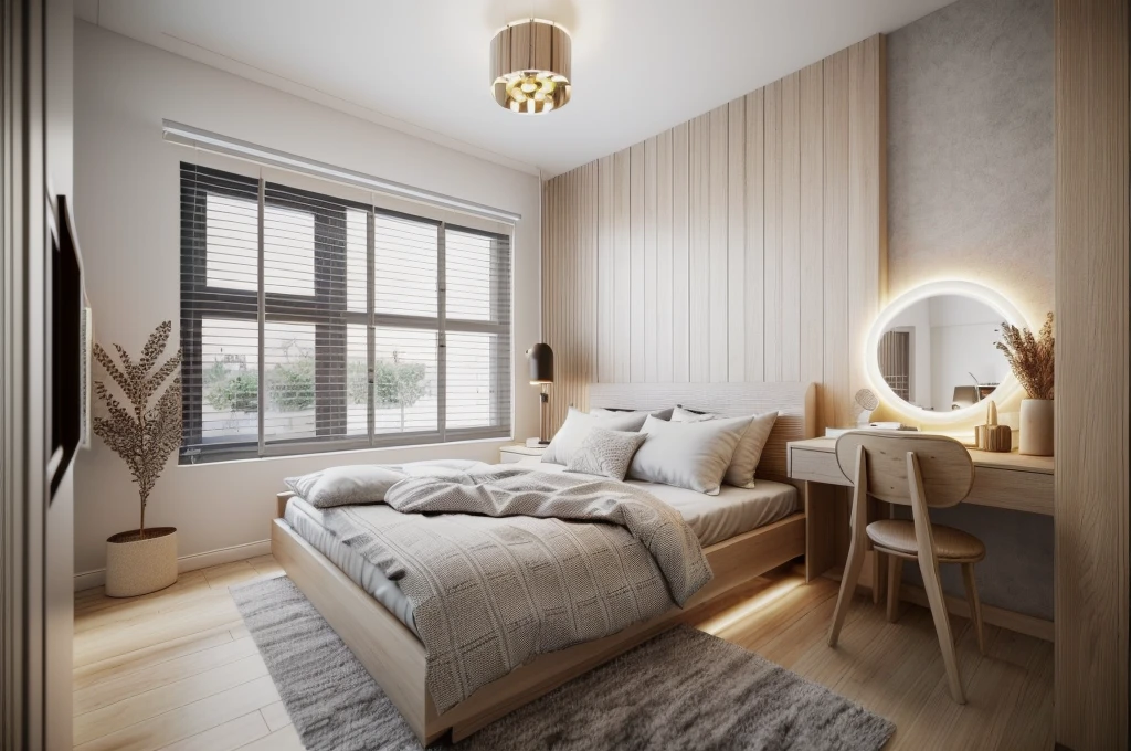 In this Nordic-inspired bedroom, the luxurious space is created through the use of warm wood materials and modern design elements. The herringbone wood floor adds texture and depth to the room, while the acrylic wardrobe provides a sleek and minimalist storage solution. The overall effect is a calming and serene atmosphere that exudes sophistication and simplicity. The wood materials, such as the wooden bed frame and bedside tables, add warmth and natural elements to the space, creating a cozy and inviting environment. The use of white walls and soft lighting further enhances the Nordic aesthetic, making this bedroom a peaceful and relaxing retreat, (curved mirror:1.1), (slat wooden:1.1), ((featuring warm (LED light:1.2) , The ambient lighting highlights the textures and details, creating a stock photo-like atmosphere, (((Best Quality:1.5))), ((Masterpiece)), ((best illustration)), ((best shadows)), ((Super Detail:1.5)), (Intricate lines:1.5), (Photorealism:1.5),(hyper detail:1.5), ((archdaily)), ((award winning design)), (dynamic light:1.5), ((night)), (perfect light:1.5), (shimering light:1.5), (hidden light:1.5), ((photorealistic)), ((FKAA, TXAA, RTX, SSAO)), ((Post Processing)), ((Post-Production)), ((CGI, VFX, SFX)), ((Full color)), ((Sony A7R IV - 61 MP Exmor R CMOS full frame 35mm 61.0 Megapixel)) ,((Unreal Engine 5)), ((intricate detail)), ((extreme detail)), ((science)), ((hyper-detail)), ((super detail)), ((super realistic)), ((crazy detail)), ((octane render)), ((Cinematic)), ((trending on artstation)), ((High-fidelity)), ((Viwvid)), ((Crisp)), ((Bright)), ((Stunning)),, ((Eye-catching)), ((High-quality)),((Sharp))((Bright)), ((Stunning)), Natural, ((Eye-catching)), ((Illuminating)), ((Flawless)), ((High-quality)),((Sharp edge render)), ((medium soft lighting)), ((photographic render)),