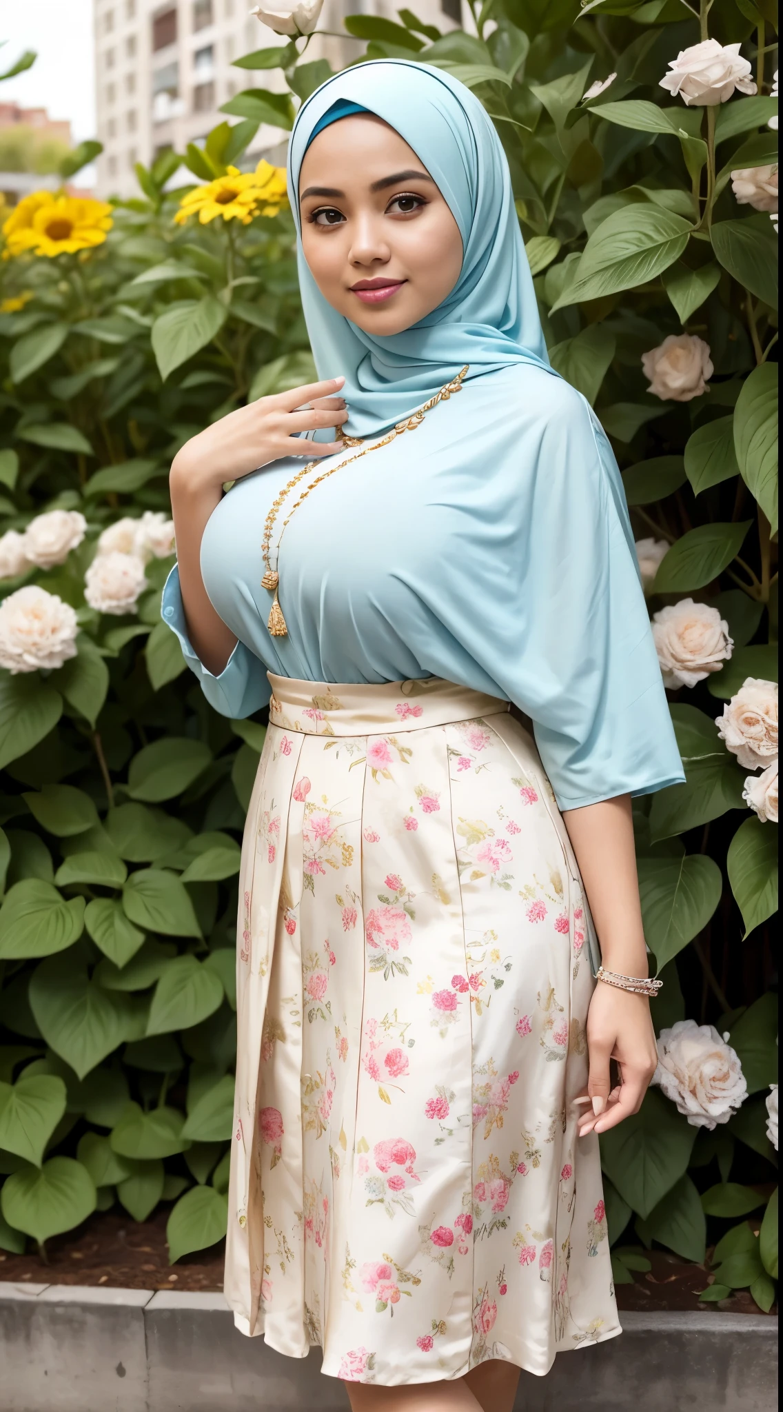 ( Close Up),RAW, Best quality, high resolution, masterpiece: 1.3), beautiful Malay woman in hijab,Masterpiece, perfect fit body, (big breast),big gorgeous eyes, Soft smile,thick thighs, beutifull face, woman in a floral skirt and blue shirt posing for a picture, feminine in cute pastel shades, feminine in pastel shades, wearing a long flowery dress, wearing beautiful clothes, very beautiful style, inspired by Nazmi Ziya Güran, dressed in long fluent skirt, very beautiful masterpiece, beautiful masterpiece, beautiful clothes, floral clothes, long skirt, hijab , Excellent lighting, Bright colors, Clean lines