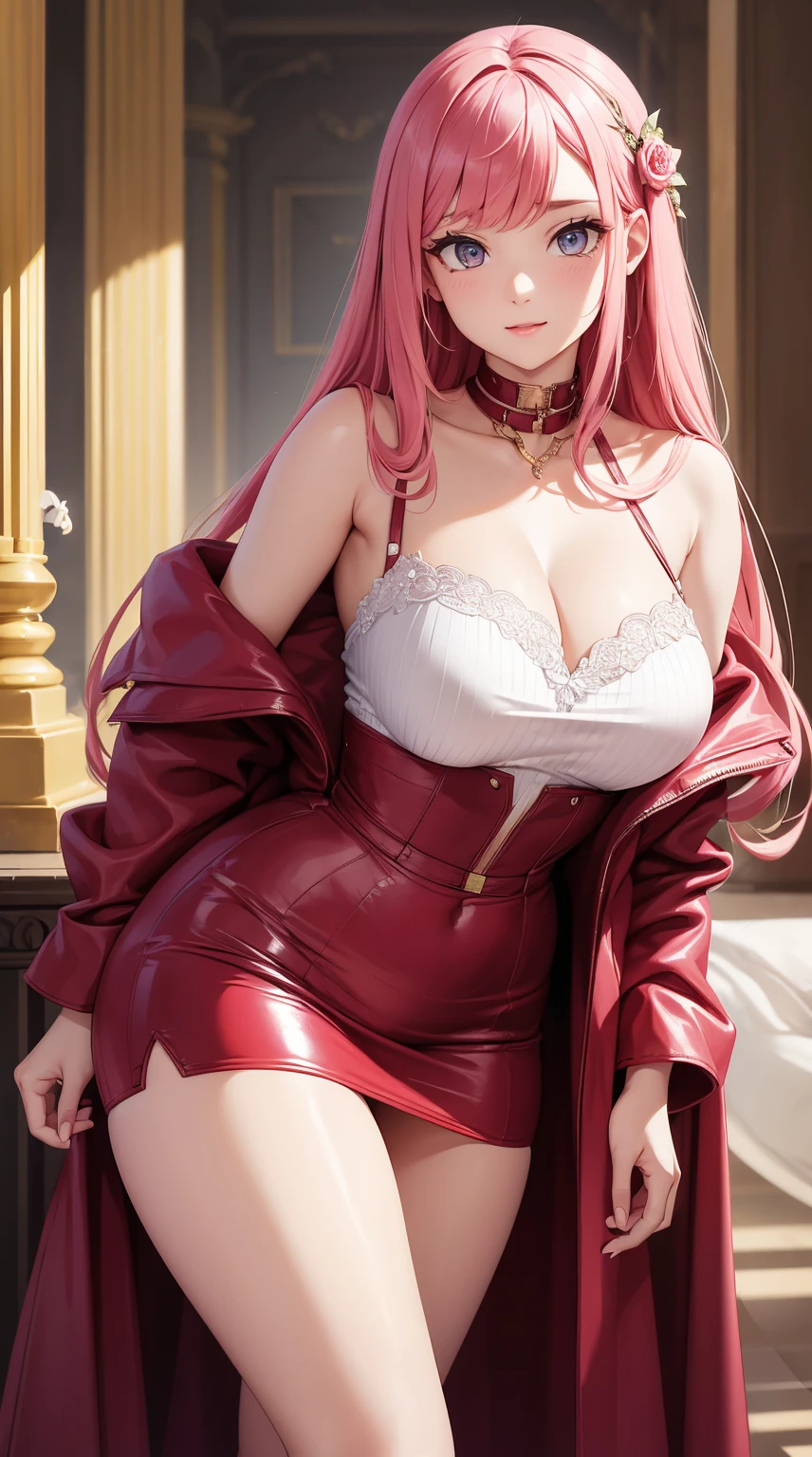 (tmasterpiece, quality, Best quality at best, offcial art, Beautiful and beautiful:1.2)Long pink hair,Refined face,Loving eyeechanical card issuance,leather clothes,Dresses,Sexy expressions,large tities,Sexy expressions