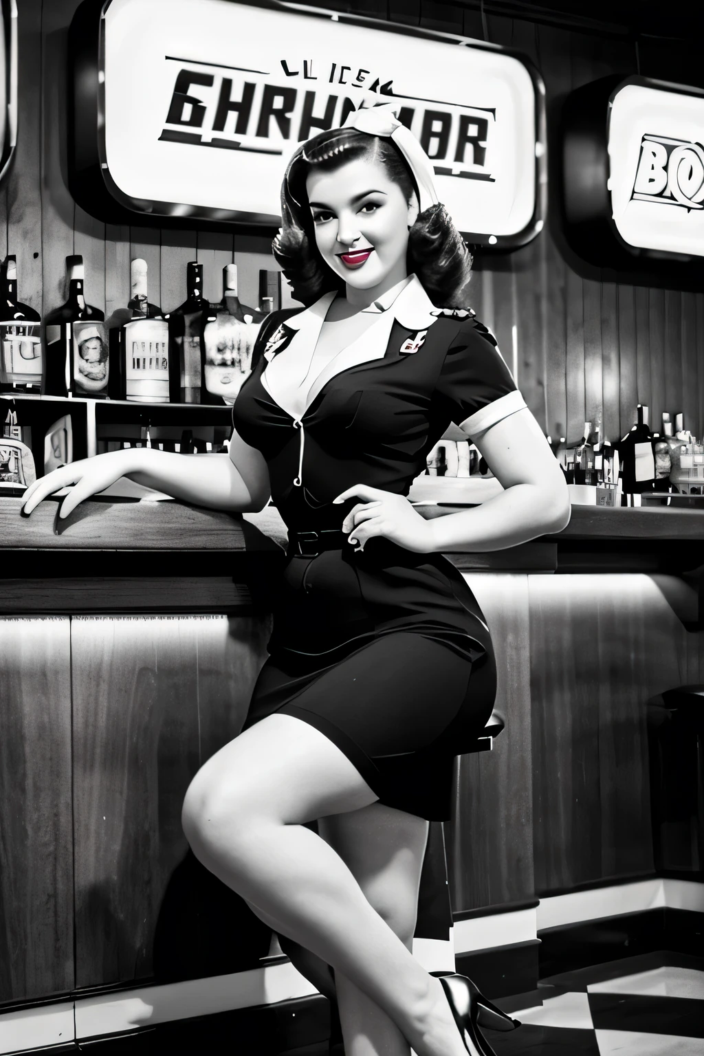 Impressive wartime pin-up girl images, Dressed in retro costumes, Pose gracefully in a nostalgic 1940s bar. Black and white images add a vintage feel to the scene, Capturing the essence of iconic pin-up art and vintage aesthetics of the time.