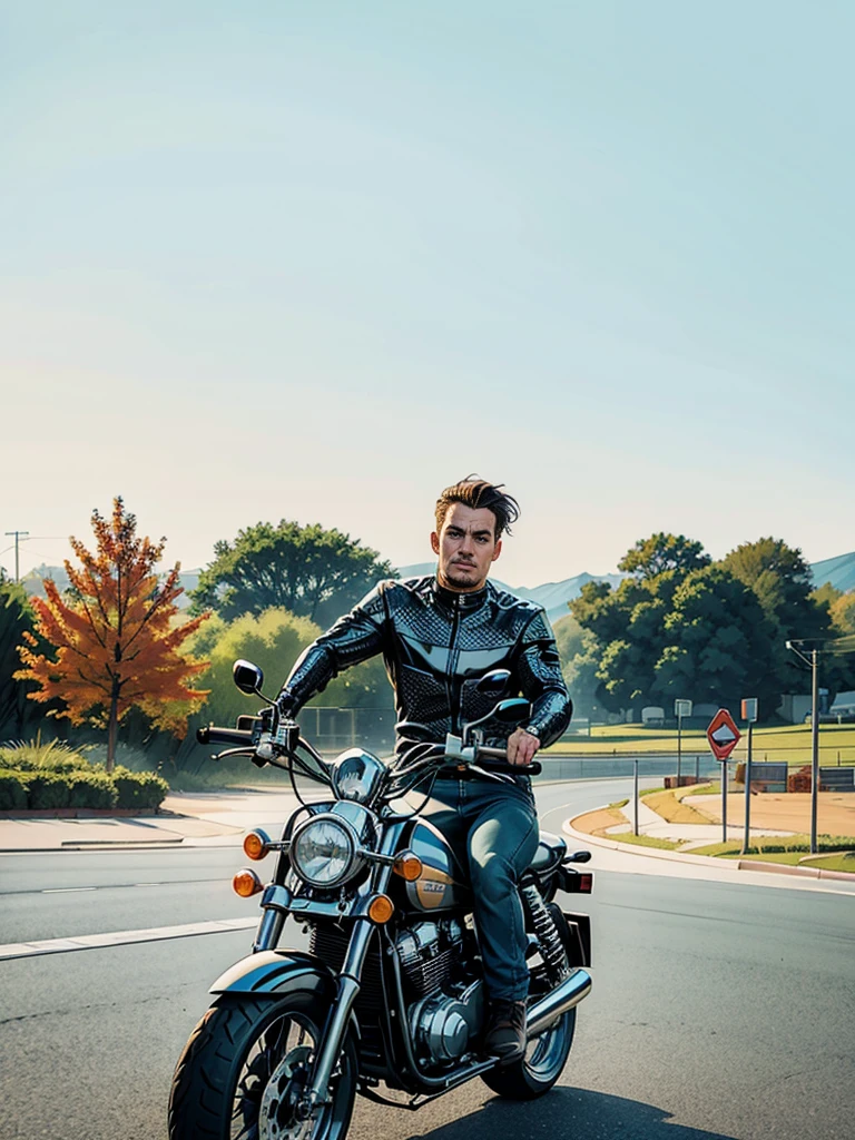 turn this image into comic style. keep consistency the face and the motorbike