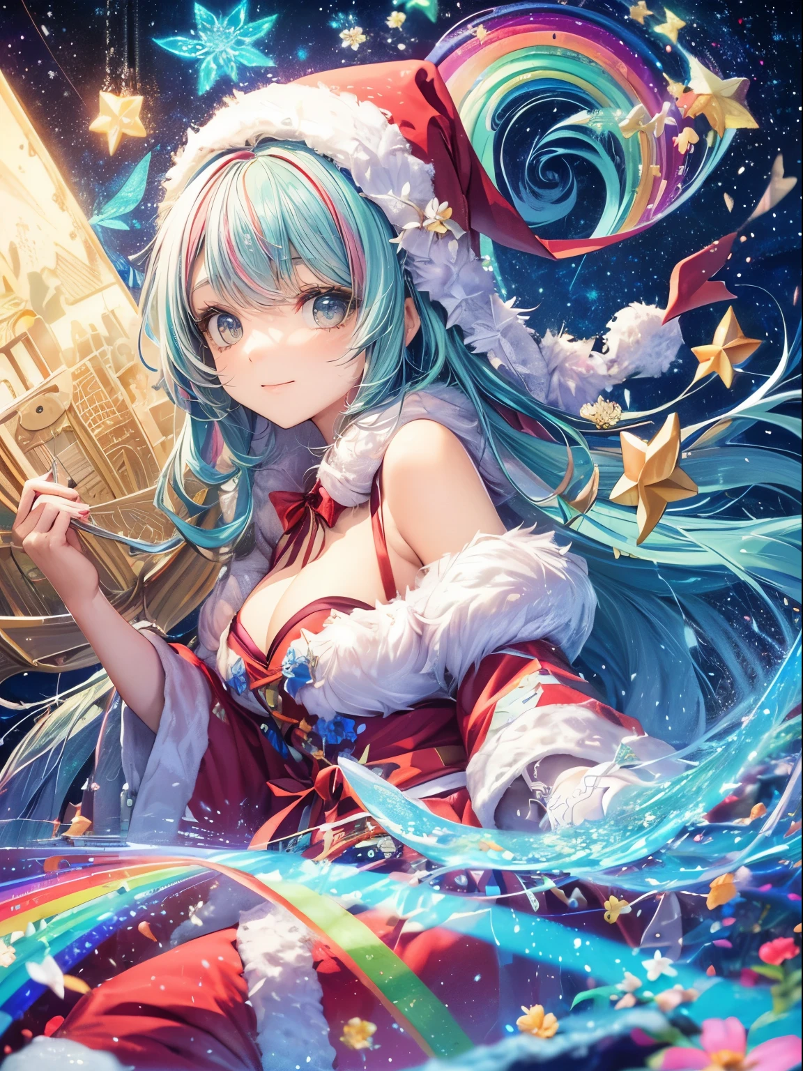 赤いsanta costume、Melody Mark,top-quality、masutepiece、1womanl、独奏、(abstract art:1.4),(Psychedelia Theme:1.6),(Gunjo World:1.5),(Snow World:1.5),(Winter World:1.5),(At the center of the world is the most beautiful woman in the world),(many stars are falling:1.3),A ray of light spreads,Crystals spreading from the center,prisma(Nostalgic landscapes:1.5),(colorful flower:1.3),Garden Girl,gentle sunlight,Soft breeze,Delicate flowers,A rainbow-colored butterfly flaps its wings,Mesmerizing natural beauty,Fragments of Shining Stars, krystal,背景がZentangle、Zentangle、Zentangle、Christmas、santa costume、santa costume