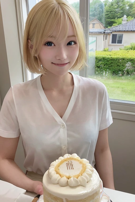 女の子1人、a blond、a picture、逼真、top-quality、adopt、A detailed face、jump out the window、细致背景、diffuse sunlight、depth of fields、lug clothes、Show Bob、eating cake、Looking at the camera、lovely smile