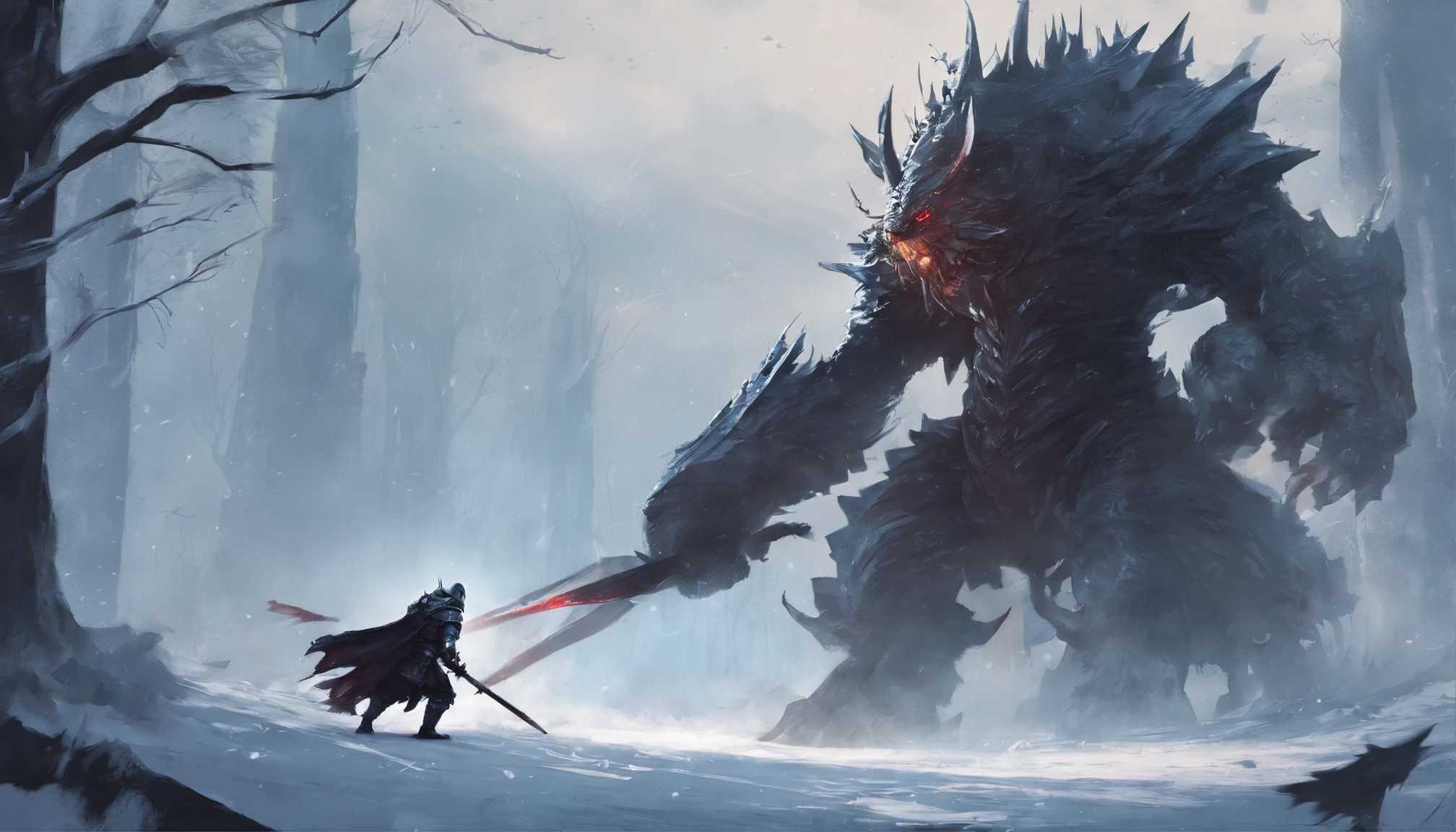 A knight with a large swords battling a large monster, in a snow forest, fighting a monster, high quality, high detail, 8k