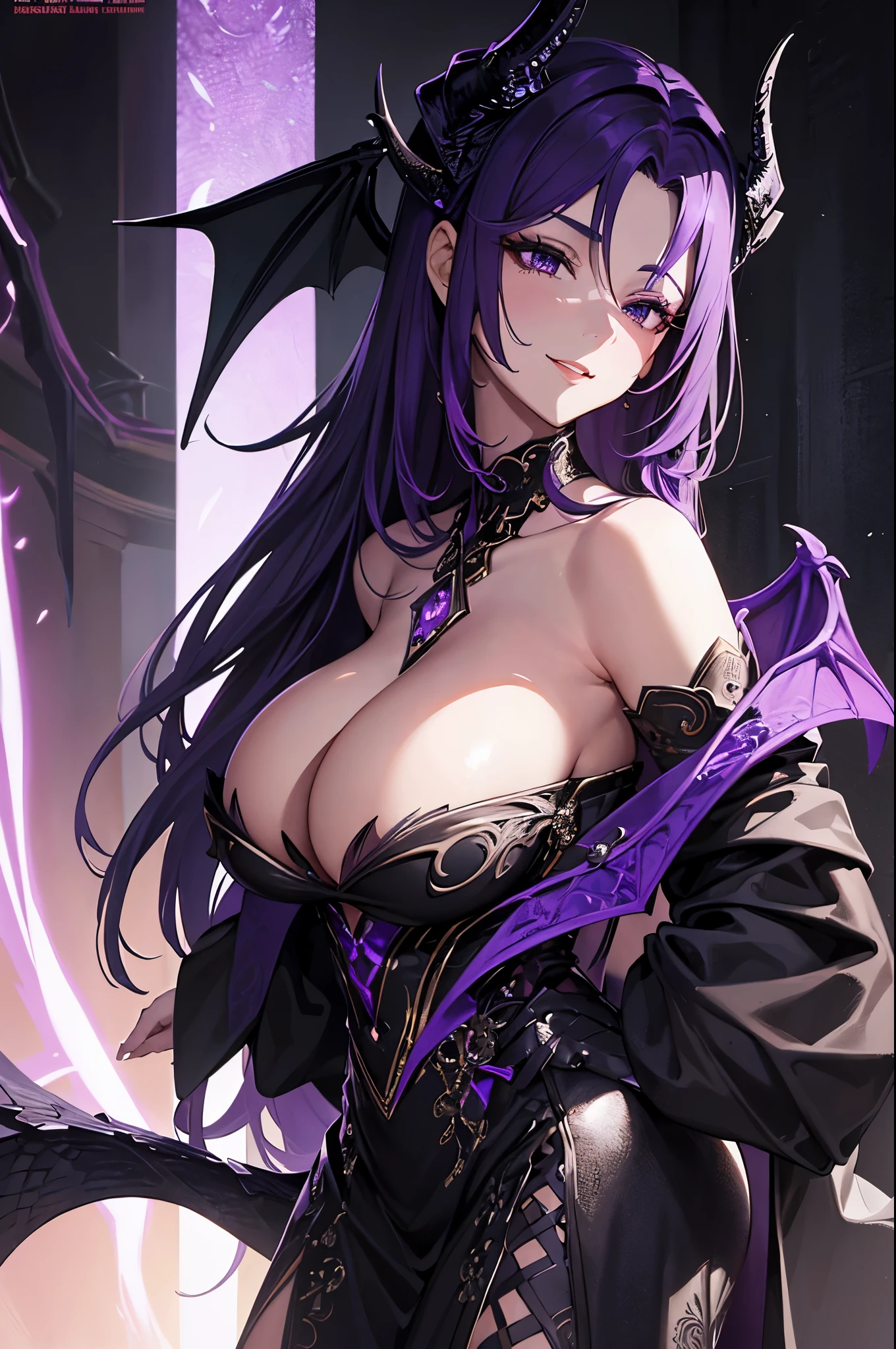 masterpiece, highly detailed, ultra detailed, alone, (1Woman), mature, tall, milf, long hair, purple hair, girl, Dragon Woman, black dragon, black dragon horns, dragon wings, black scales, beautiful, enchanting , black eyes, elegant, big chest (huge), perky breasts, friendly smile, charming, flashy
