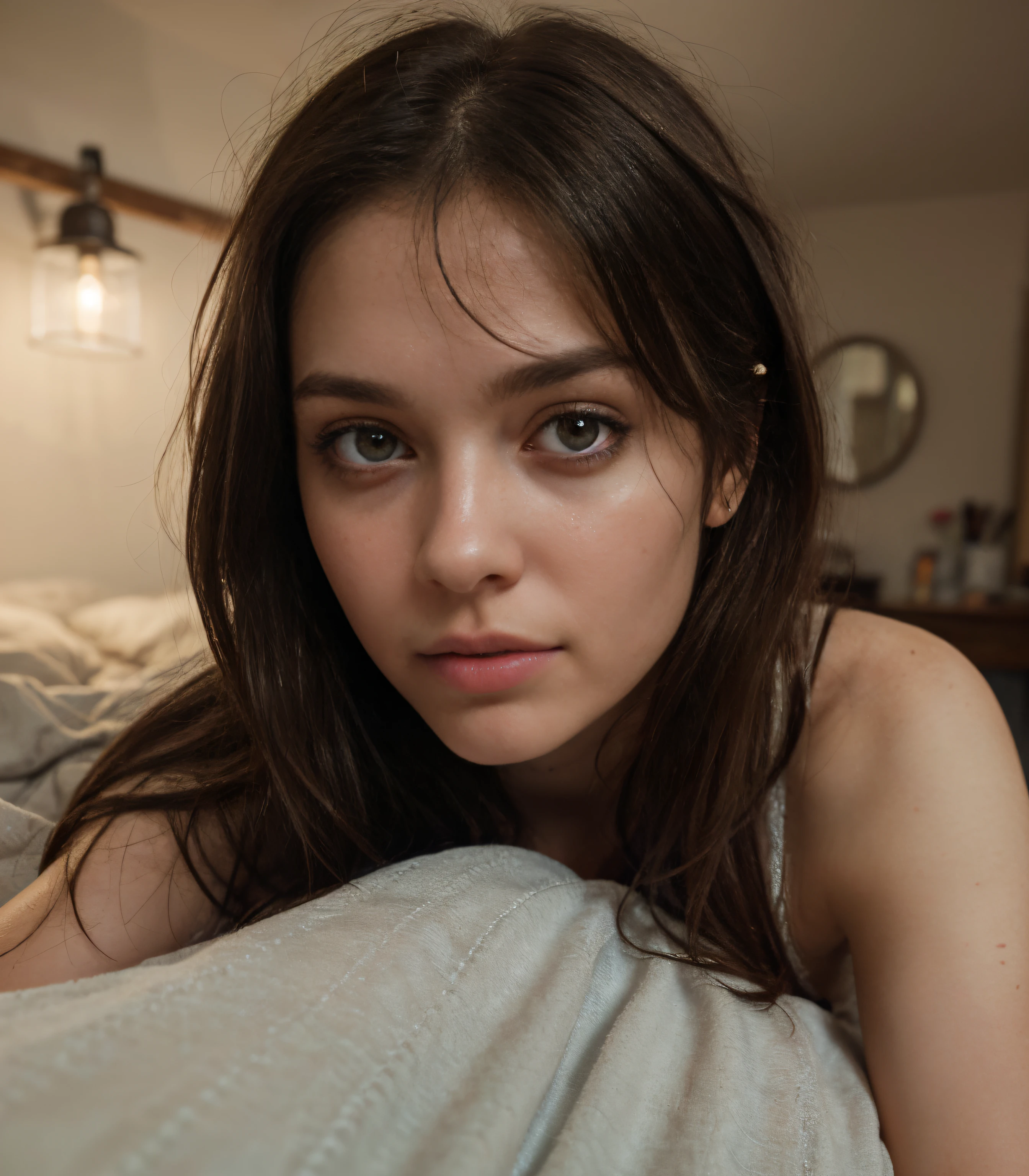 La mejor calidad,4k,8k,Altas Resoluciones,Obra maestra:1.2,Ultra detallado,realista,photorealista:1.37,delicioso, sudoroso, chica cansada en la cama, hermosos ojos detallados, hermosos labios detallados, long eyeslashes, piel suave, cabello desordenado, manta acogedora, dimly lit room, warm color tones, Ambiente tranquilo, Studio lighting