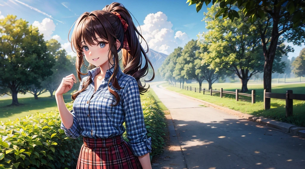 1girl, full body, solo, village, trees, brown hair, long hair, curly hair, ponytail, large breasts, button down shirt, ((blue checked shirt)), ((unbuttoned shirt)), cleavage 1:3, brown eyes, ((opened brown zipper jacket)), leather jacket, ((red black skirt)), smile, looking at the viewer, touching neck, standng, hair ribbon, golden necklate