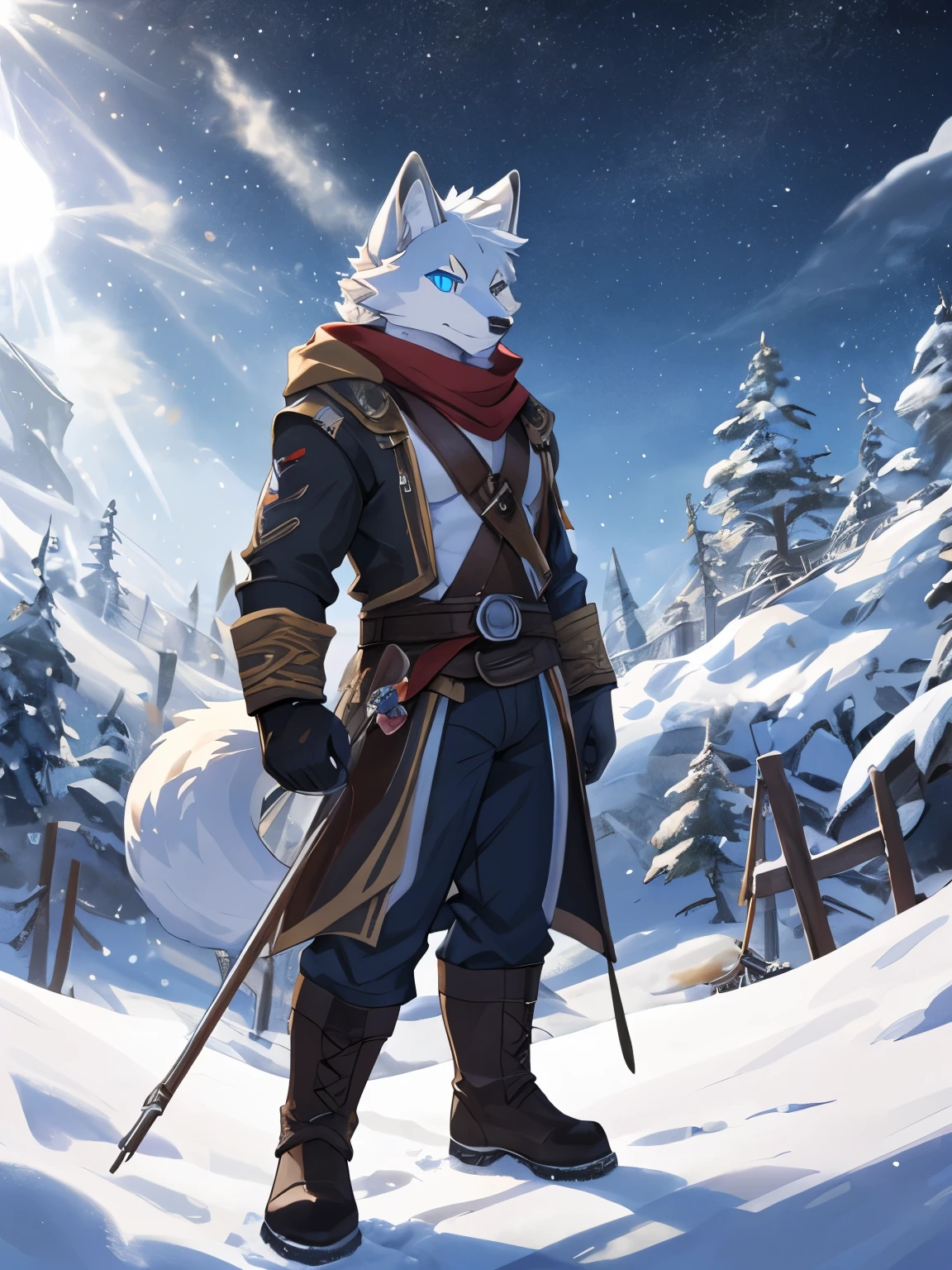 Masterpiece, A high resolution, 8K, 细节化Background with, High quality, (White fur, Blue sclera, Blue eyes, Fluffy fur, Detailed fur), Fluffy, With a torn blue triangular scarf, Masculine, Background with (snow mountains, Blizzard，The light is dim), solo person，Arctic Fox Boy, Wearing a hunter's fur coat, Wear hunter pants, Wear hunter boots, Wear hunter gloves, holding a longbow, The expression is fierce, With a serious expression.