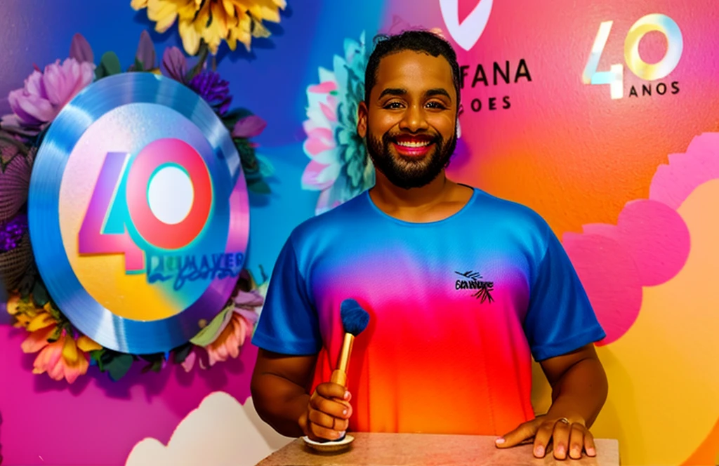 smiling drag queen holding a hammer in front of a colorful wall, inspired by Nathan Oliveira, carmelo blandino, holding maracas. wearing feminine clothes, made up with eye shadow and lipstick, wearing a wig