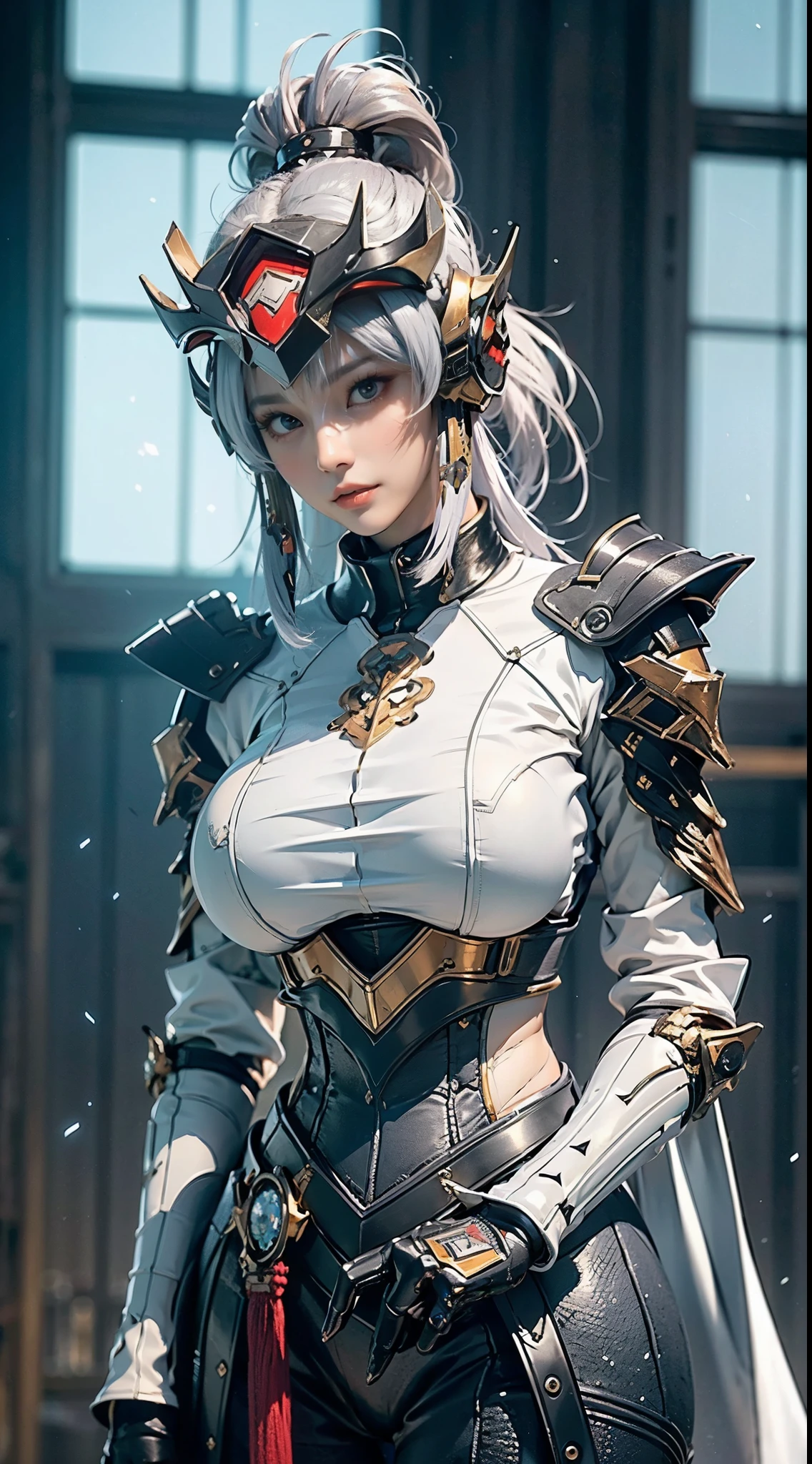 ((unreal enginee 5)), lifelike rendering, excellent, (Full Armor Body), (cloaks), looking in camera, Stand in the studio, Beautiful face, CGI Mix, (Photorealism:1.2), Ultra-realistic UHD face, beautiful body, ((Glowing skin)), ((Shiny skin)), Realistic body, ((She has a )), ((Clean skin)), Photorealistic, Bokeh, Motion Blur, masterpiece, high resolution, 1080p, Super Detail, Textured skin, ((close up to upper body)), ((large breast:1.2)), silver hair, drill hair:0.4,