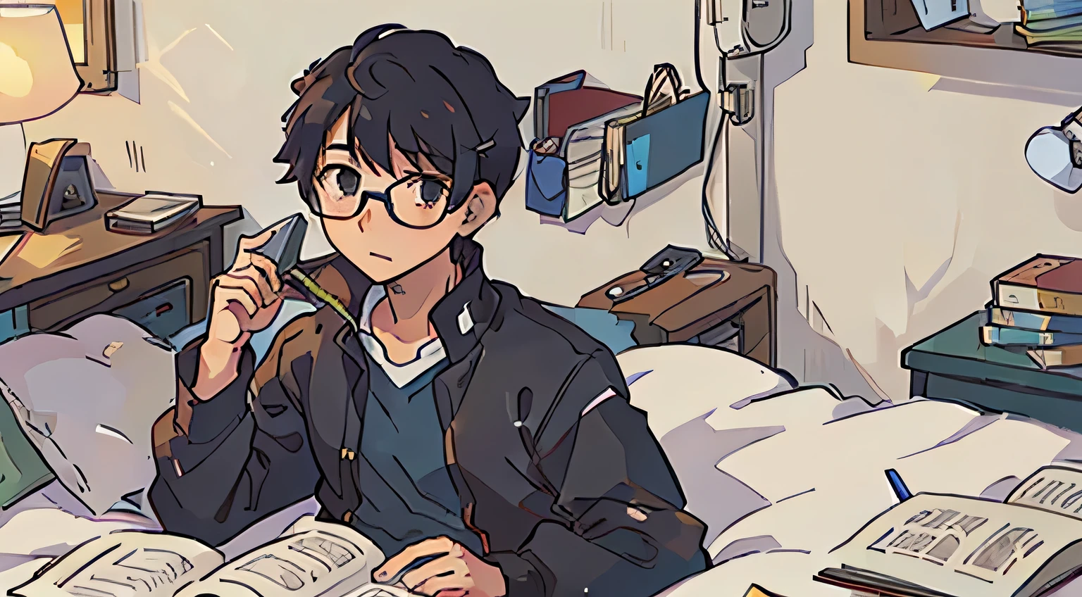 High school boy reading a book in his room、eye glass