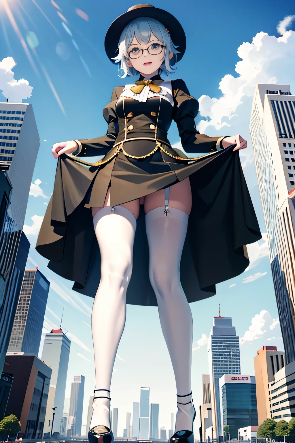 der riese art, 非常に詳細なder rieseショット, der riese, Shorthair, Giant woman bigger than a skyscraper, Wearing rimless glasses, Colossal tits, Big ass, White luxury dress, White pantyhose, white shoes with high heels and stilettos, very small metropolis, Trying to destroy a miniature metropolis, Full body depiction, nffsw, giga der riese, der riese, Stomping City,crash city,Small town,micro city,