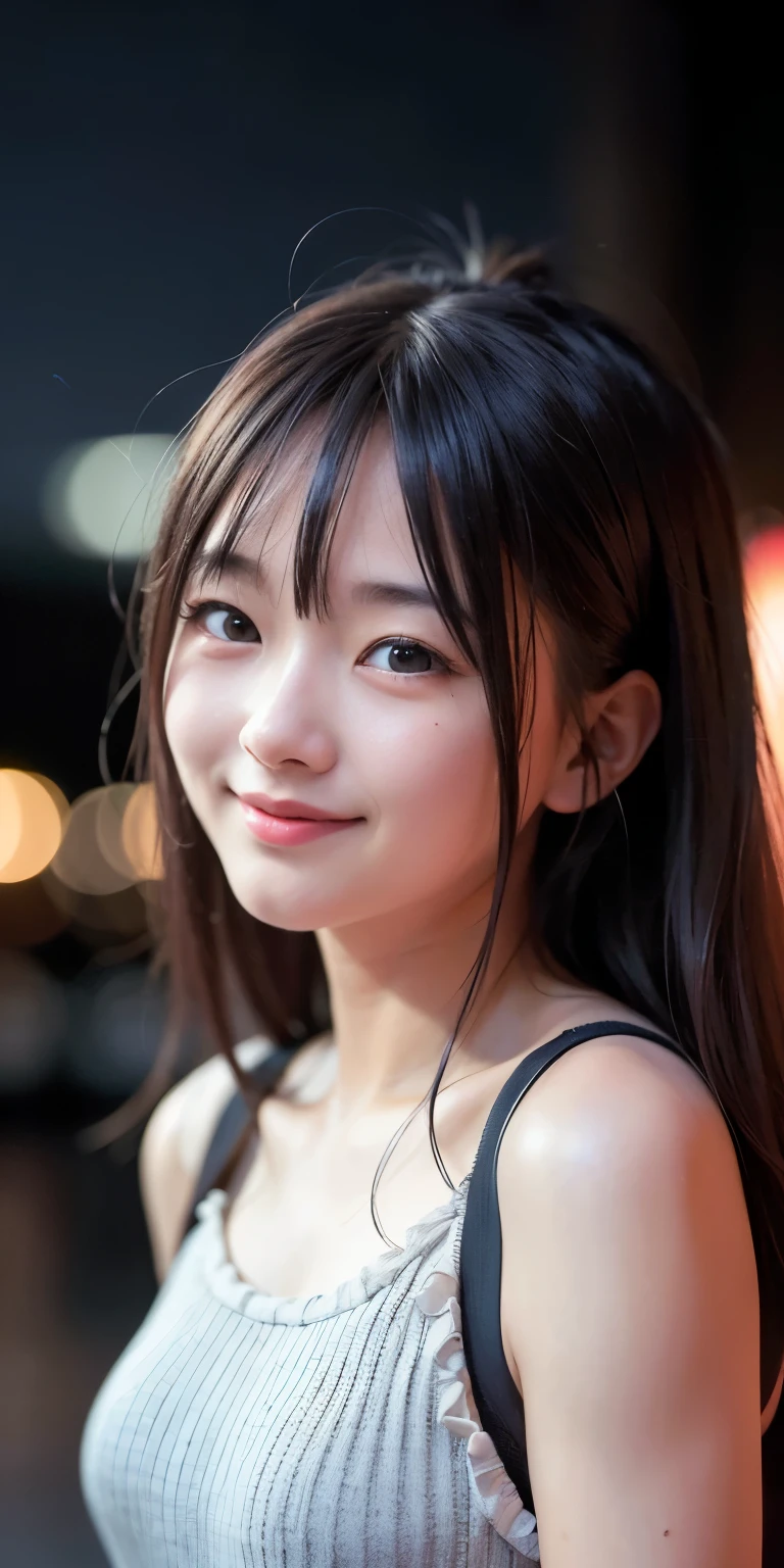 1girl, Tokyo street,night, cityscape,city lights,upper body,close-up,smile,, (8k, RAW photo, best quality, masterpiece:1.2),(realistic, photo-realistic:1.37),