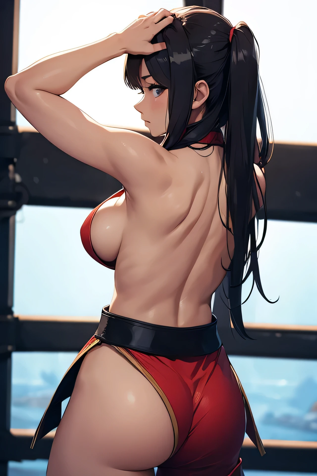 A beautiful woman, ((martial art))), masterpiece, top quality, ultra detail, ((anime)), nipples, from behind