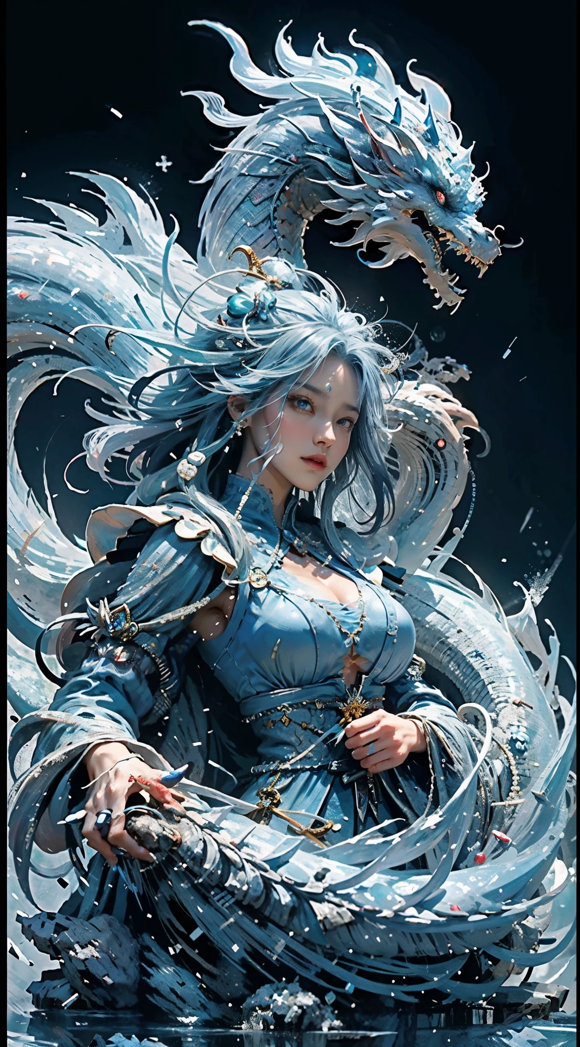 (((1个Giant Breast Girl)))，royal water，magister，（laxuary dress：1.5），（Perfect facial features：1.4），（Blue silk robe），（神秘的Magic Array：1.2），(( drak))，（ Crystal scales glow，（Frost Wings），Powerful magic，Icicles，高耸于ventania景之上，Blue light cold light， ventania暴，ventania，snowflakes，Amazing result quality,tmasterpiece,超高分辨率,Detailed pubic hair,Complicated details,8K分辨率,8KUCG wallpaper,HighDynamicRange,water blue,Magic Array,movie light effect,lightand shade contrast，ray traycing、NVIDIA RTX