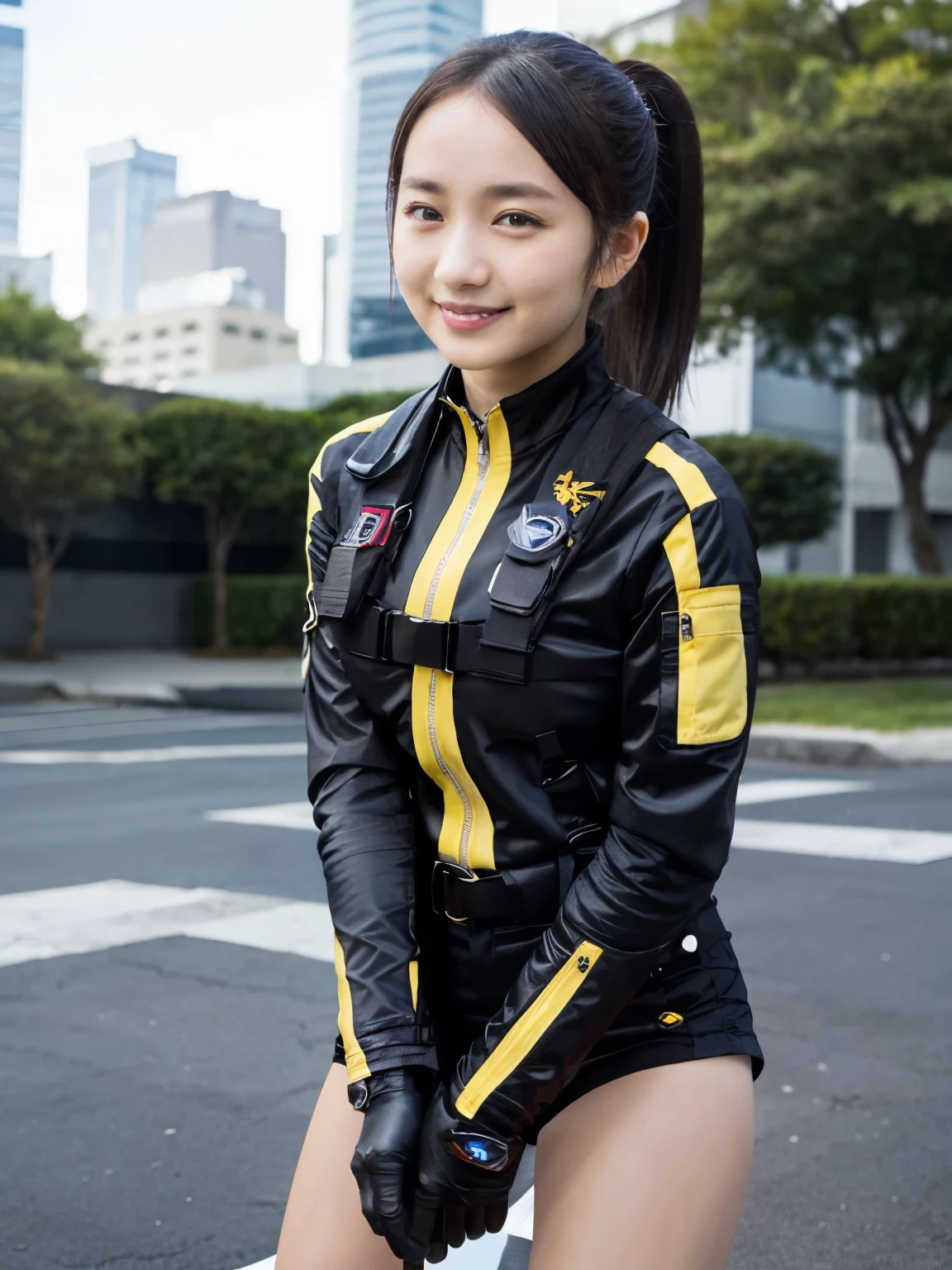 (Very realistic), (Best Quality), ((round, small and precise face)), Shiny skin, Lustrous skin,wide hips,Girl with a thin waist 1,Yokozaki beauty々,black gloves,wrist watch,Black eyes,short Shorts,black Shorts, long boots, gloves, Ponytail,Jacket,Shorts, Black hair,Short hair,Smile, heart mark, (heart mark hands:1.3)