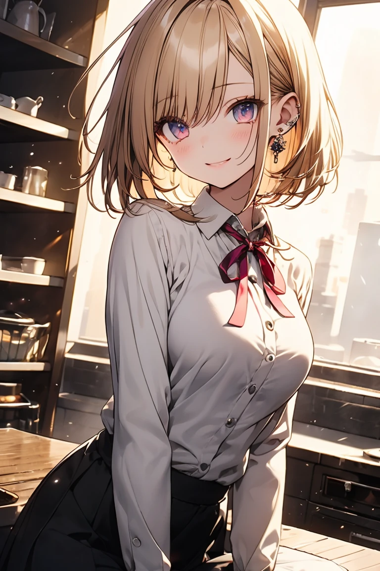 masterpiece, absurdres, best quality, ultra detailed, high Resolution, detailed illustration, extremely beautiful detailed face and eyes, bright colour, 1girl, (li), cute face, Delicate beautiful face, magenta eyes, cute eyes, sparkling eyes, big eyes, medium breasts, (perky breasts:1.1), (pointy breasts:1.1), medium hips, glamorous body, white skin, smile, BREAK, long bob cut, (blonde hair:0.8), messy hair, detailed hair, shiny hair, BREAK business jacket, sweater, long skirt, tiny ribbon, cafeteria, pancake, real world, natural lights, perfect lighting,