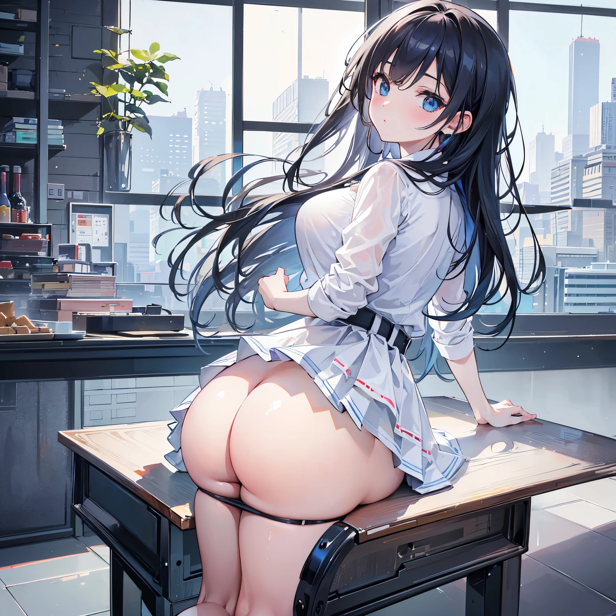 one-girl,ultra - detailed, A high resolution, (actual, realistically: 1.4), 8K, RAW photos, (On a table), (Best quality),rendering, white colors,,quadratic element,View,Upturned buttocks,a skirt,,white colors透明