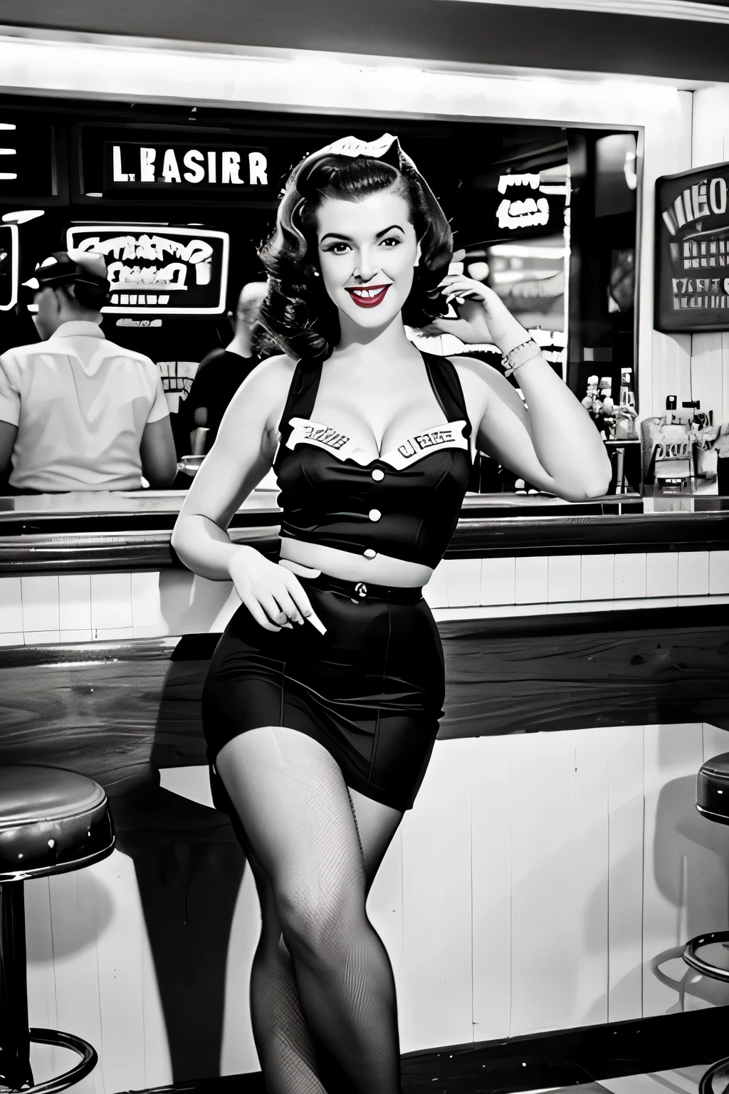 Impressive wartime pin-up girl images, Dressed in retro costumes, Pose gracefully in a nostalgic 1940s bar. Black and white images add a vintage feel to the scene, Capturing the essence of iconic pin-up art and vintage aesthetics of the time.