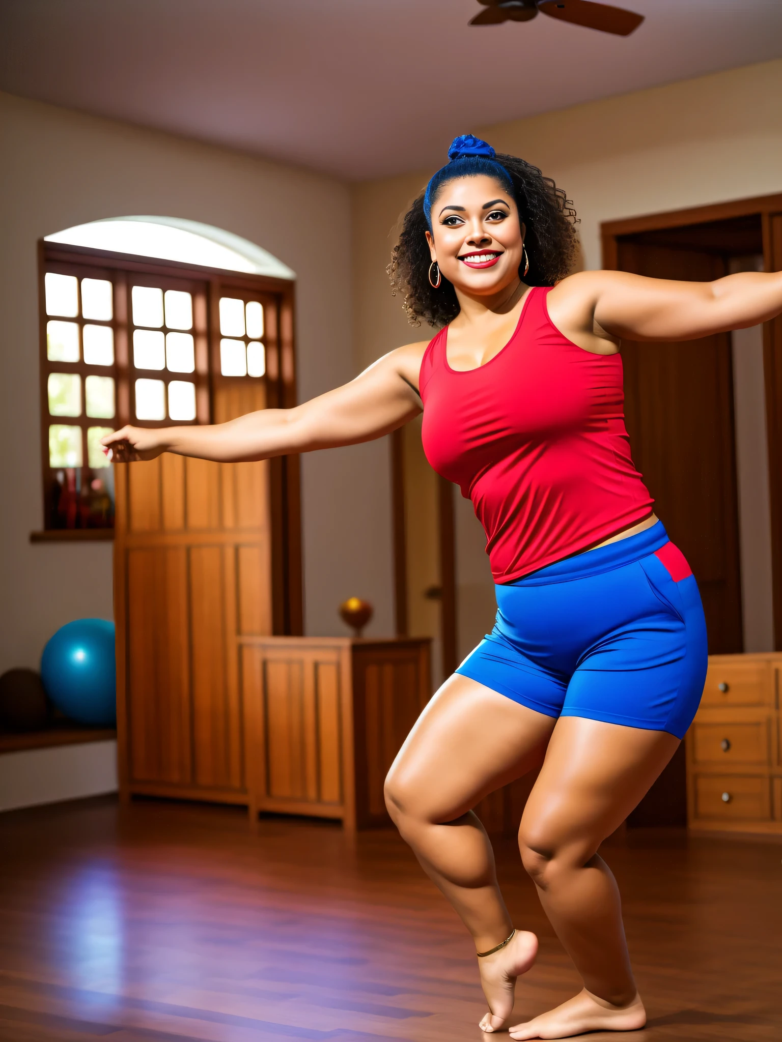 woman in a red shirt and blue shorts doing a dance move, lunging at camera :4, fazendo uma pose ousada, she is dancing, fat latin woman dancing, dancing in the background, frantic dancing pose, Cottagecore!! corpo fitness, leaping with arms up, Pose ousada, as though she is dancing, she is dancing. Realistic, Pose triunfante