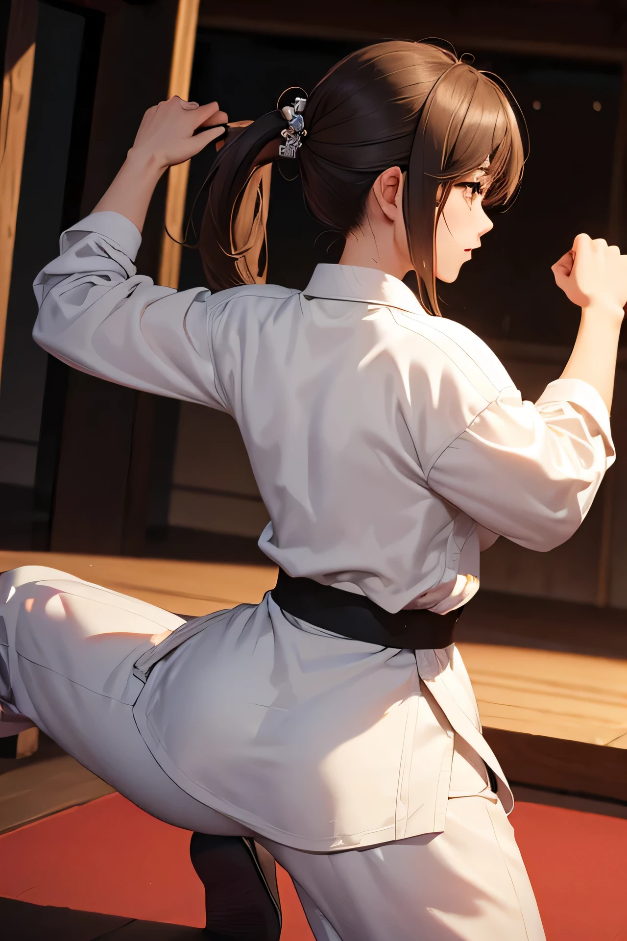A beautiful woman, ((martial art))), masterpiece, top quality, detail, from behind