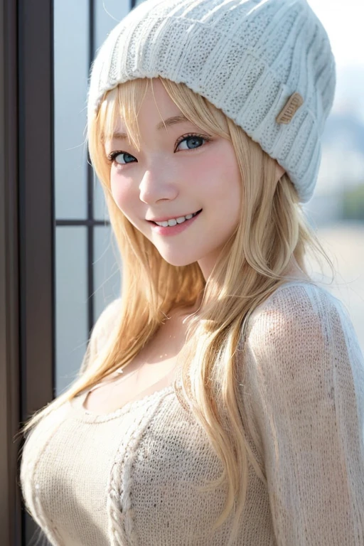 1人、a blond、a picture、逼真、top-quality、adopt、A detailed face、jump out the window、细致背景、diffuse sunlight、depth of fields、Waving to the camera、lovely smile、huge smile、Wearing a knitted hat