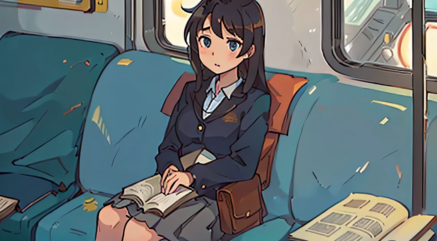 Anime girl sitting on a train reading a book - SeaArt AI