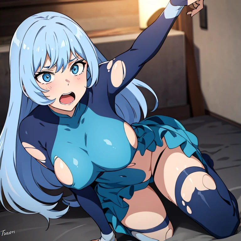 Wave torsion,Spreading the crotch,cum shots,Torn costume,lightblue hair,large boob,Shy,all-fours