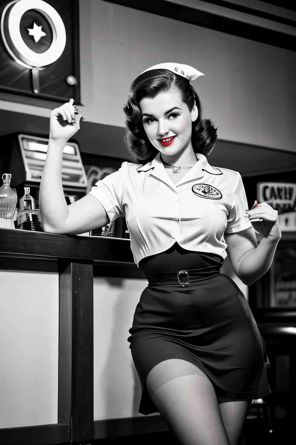 Impressive wartime pin-up girl images, Dressed in retro costumes, Pose gracefully in a nostalgic 1940s bar. Black and white images add a vintage feel to the scene, Capturing the essence of iconic pin-up art and vintage aesthetics of the time.