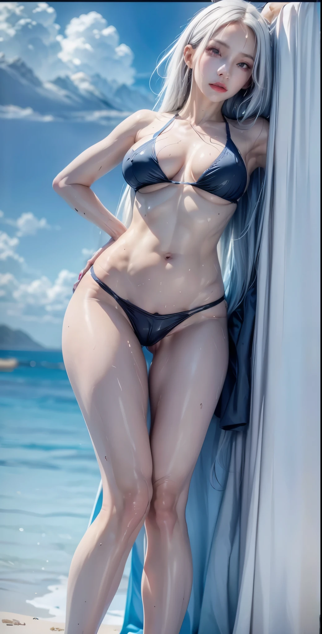 realistic, 1gril, naked, per HD, 12k, Slim body, rather big body, six pack body, big round breasts, no clothes, beautiful breasts, looking at the camera, sitting on the sofa, transparent and clear genitals, long black hair, drenched in sweat, face details, person details, body details, clothing details, hair details, body details, body details, breast details, vagina details, clothing, eye details, sweat details, water details, pose (knees bent and legs wide apart ) whole body