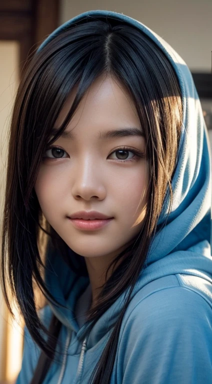 8k, best quality, masterpiece, realistic, ultra detail, photo realistic, hyper realistic, smoother lighting, increase cinematic lighting quality, realistic lighting, backlighting, brightening light, Increase quality, best quality real texture skin, 
close-up, slender, cute face, smile, beautiful details eyes, 19years old korean, pretty, Drill hair with electric blue color, hood,