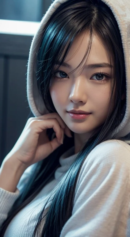 8k, best quality, masterpiece, realistic, ultra detail, photo realistic, hyper realistic, smoother lighting, increase cinematic lighting quality, realistic lighting, backlighting, brightening light, Increase quality, best quality real texture skin,
close-up, slender, cute face, smile, beautiful details eyes, 19years old korean, pretty, Drill hair with electric blue color, hood,