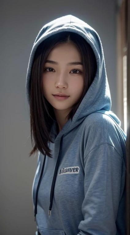 8k, best quality, masterpiece, realistic, ultra detail, photo realistic, hyper realistic, smoother lighting, increase cinematic lighting quality, realistic lighting, backlighting, brightening light, Increase quality, best quality real texture skin,
close-up, slender, cute face, smile, beautiful details eyes, 19years old korean, pretty, Drill hair with electric blue color, hood,