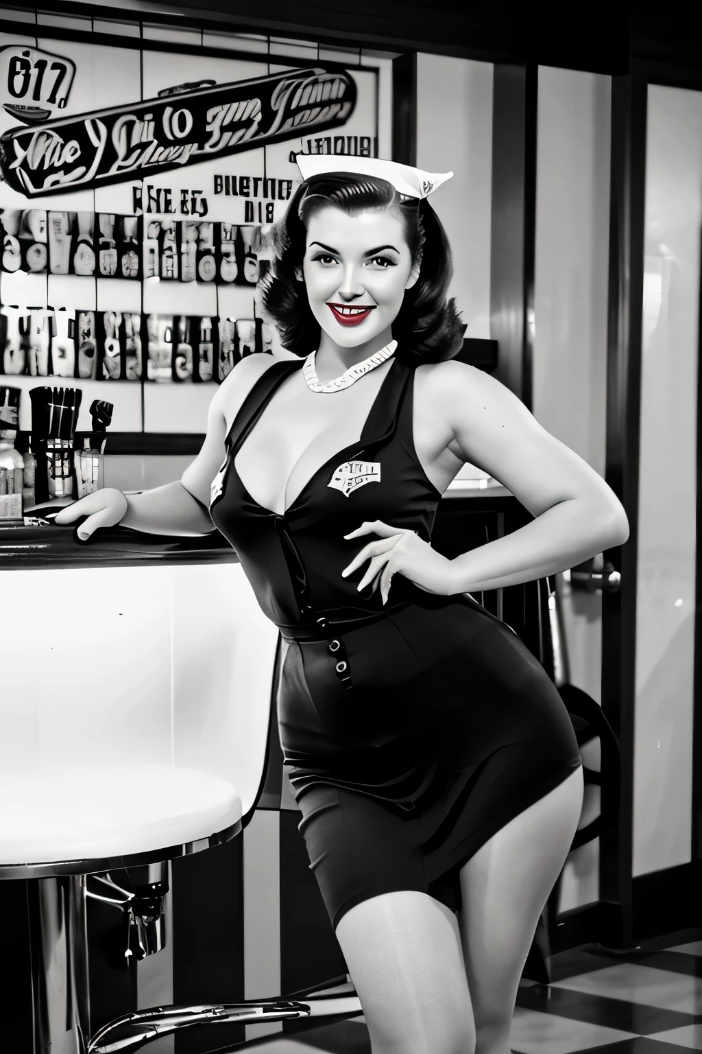 Impressive wartime pin-up girl images, Dressed in retro costumes, Pose gracefully in a nostalgic 1940s bar. Black and white images add a vintage feel to the scene, Capturing the essence of iconic pin-up art and vintage aesthetics of the time.