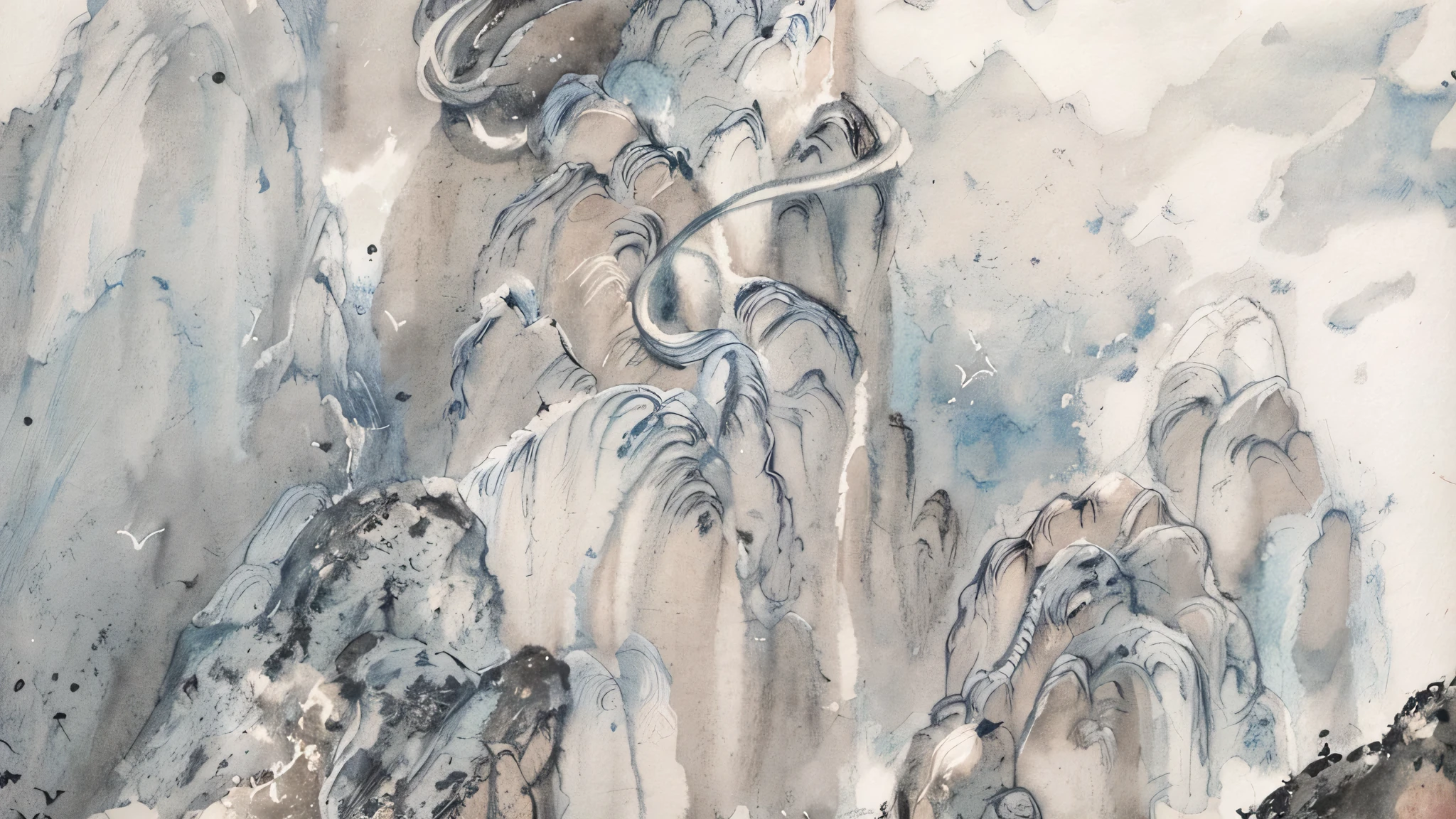 Mountain and Sea Sutra，Chinese-style illustration，Ink painting and watercolor，Landscape painting body black and white