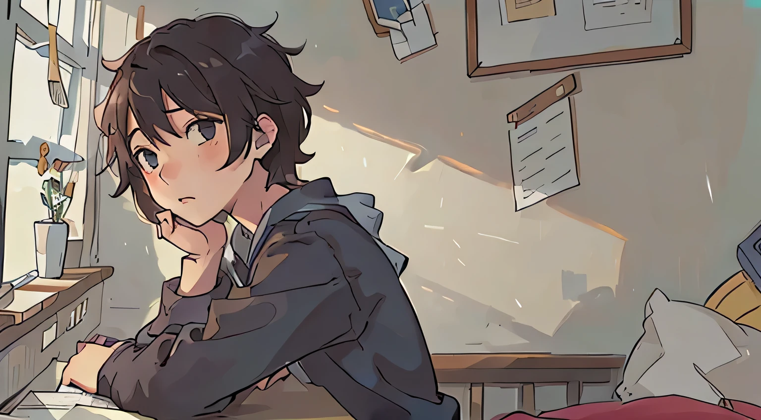 High school boy studying in room、From Side