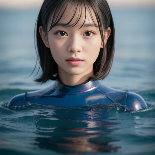 (((Top image quality、1人の女性)))、(Beautuful Women、Beautie、kawaii、infp young woman、ren、japanes、The face is orderly、a small face)、((Wearing a white wetsuit))、long-sleeve、high-necked、Mare、swim、Floating on water、wetting hair、sodden