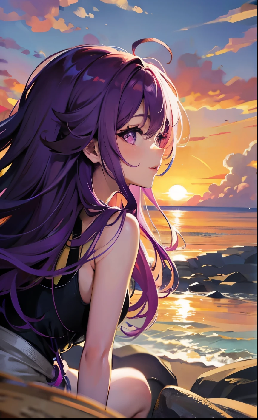 Purple colored hair，Purple colored hair，the sunset，sandbeach，beachside，Ultra-clear resolution