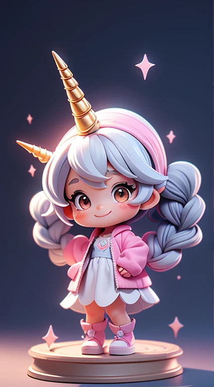 Create a 4--old y girl, cute, beautiful, smiling, long hair braided, gray hair Wear a cartoon unicorn cosplay costume as a 3D 4D living room background.