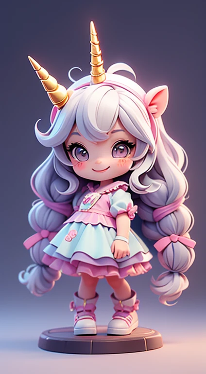 Create a 4-year-old BaBy girl, cute, beautiful, smiling, long hair braided, gray hair Wear a cartoon unicorn cosplay costume as a 3D 4D living room background.