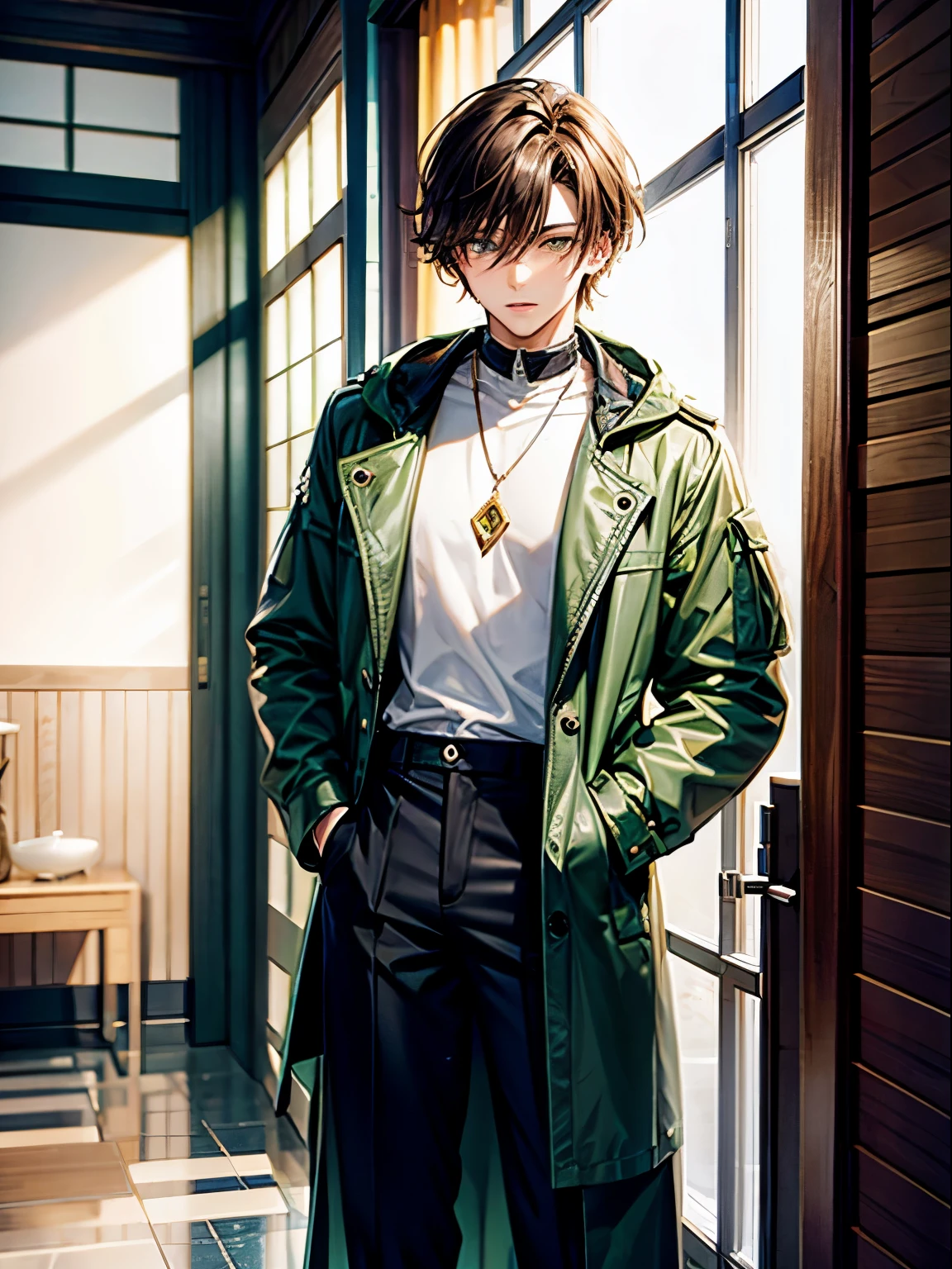 Young man, brown-hair, green colored eyes, light skin, lean, Long bangs, Modern fashion, omegaверс, omega, uke, gay, Full-length