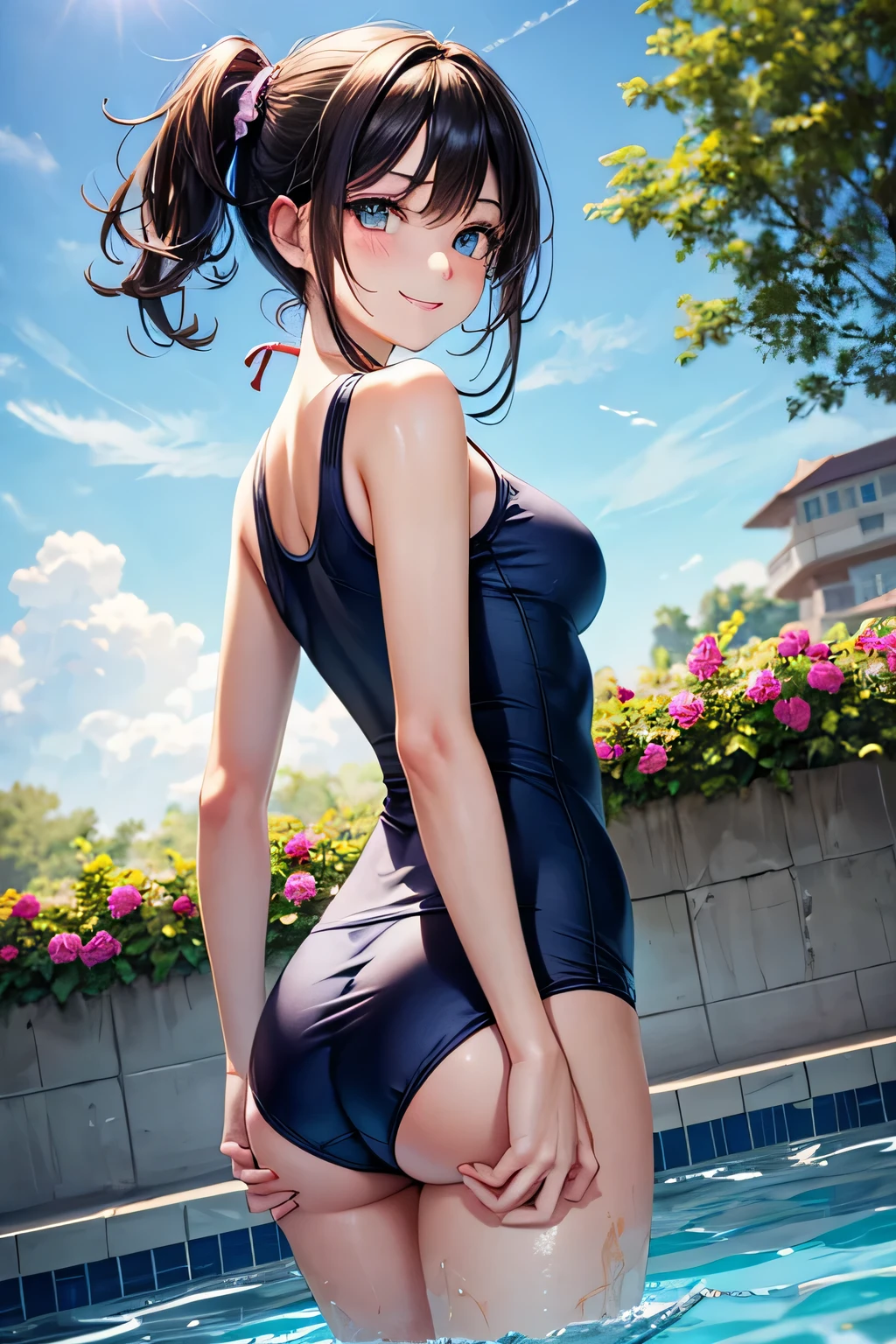 Very cute and beautiful girl,,(very detailed beautiful face and eyes:1.2),Blue school swimsuit,
Standing,(from behind,Looking back),Leaning forward,Pool side,Colorful flowers,distant school building,Smile,Black hair,Cowboy Shot,
(Best Quality,masutepiece:1.2),hight resolution,Extremely detailed,Solo,
Hair fluttering in the wind,Beautiful detailed sky,Dynamic Angle,